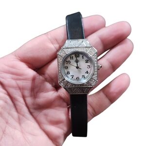 Rarities Silver Toned Gemstones Bling Inlay Mother Of Pearl Leather Watch
